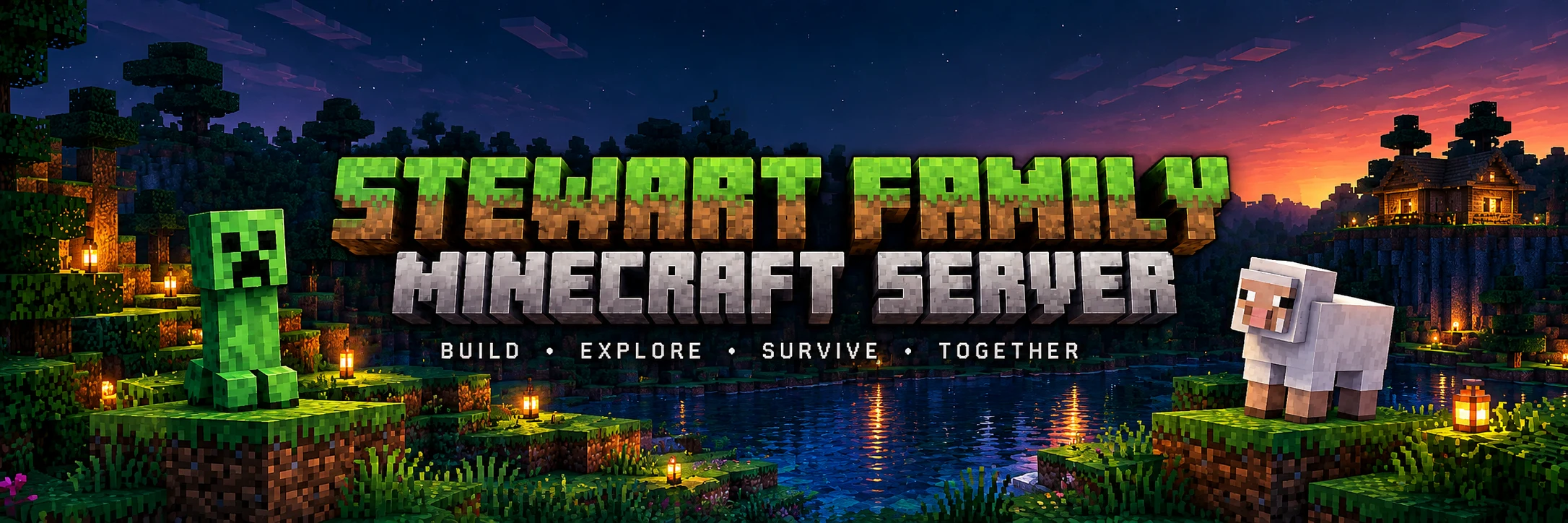 Stewart Family Minecraft Server — Build, explore, survive, together. A Creeper and white Minecraft sheep in a forest world at dusk.